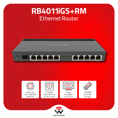 MikroTik RB4011iGS+RM 10-Port GbE Quad-Core Router SFP+ PoE Out Rack